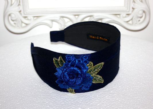 Dark Blue silk head band 2.35" inch embroidered hairband with 3D flower appliquie Fashion head scarf for women
