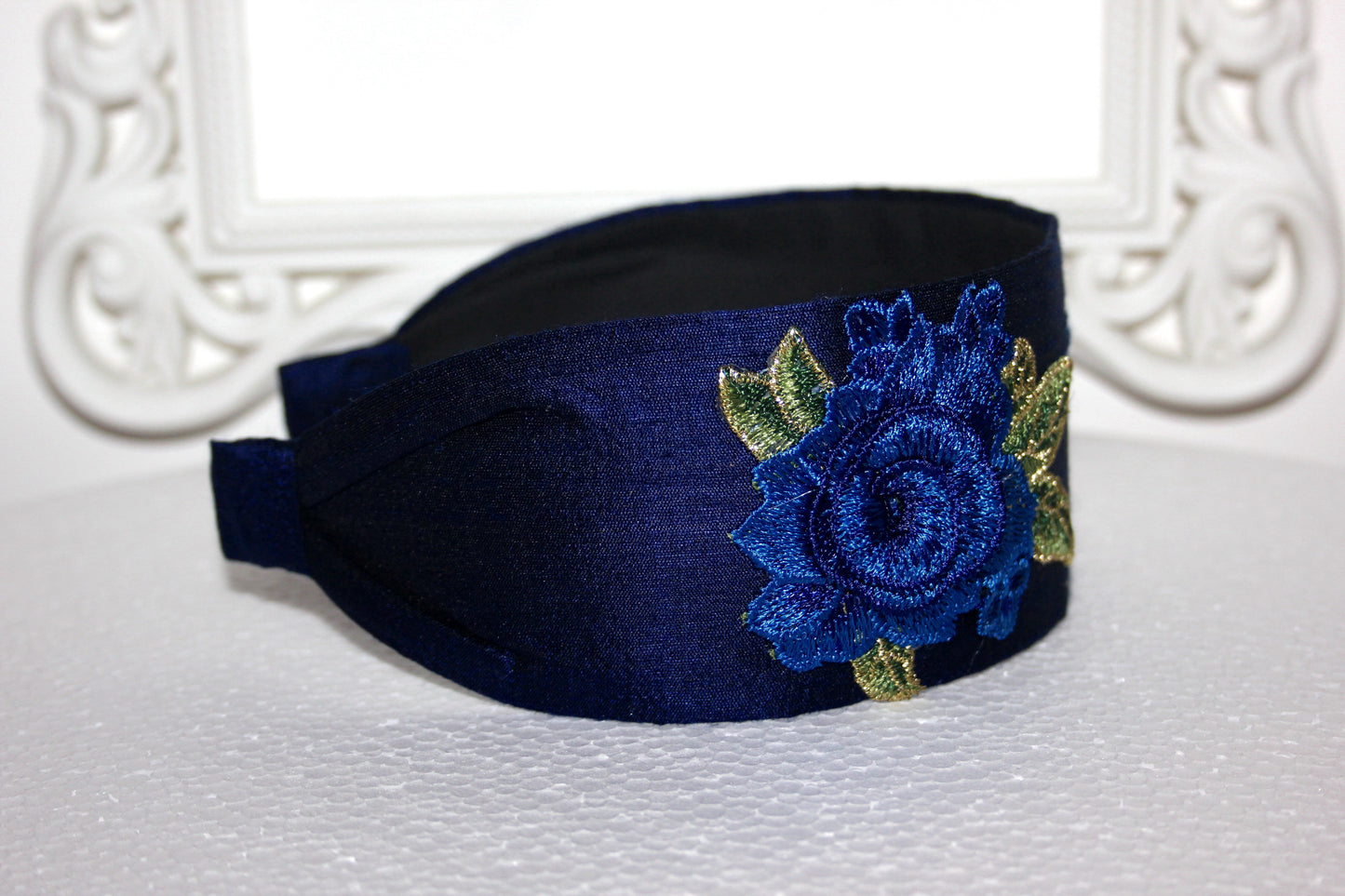 Dark Blue silk head band 2.35" inch embroidered hairband with 3D flower appliquie Fashion head scarf for women