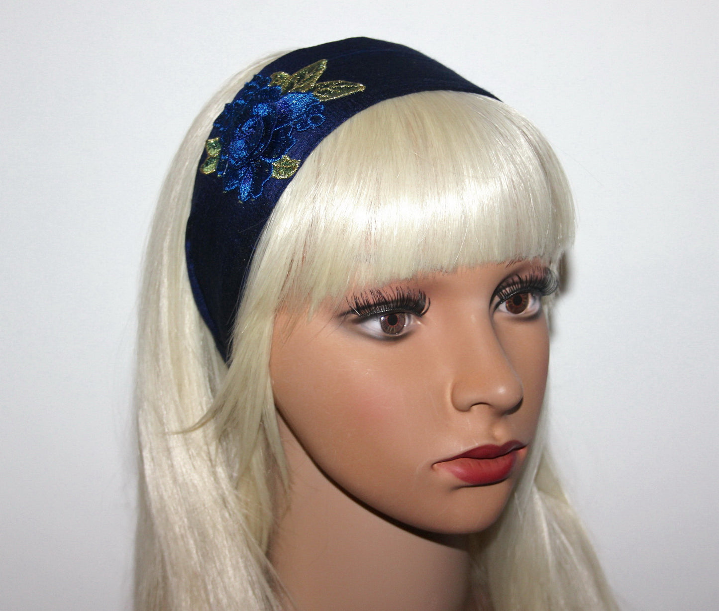 Dark Blue silk head band 2.35" inch embroidered hairband with 3D flower appliquie Fashion head scarf for women