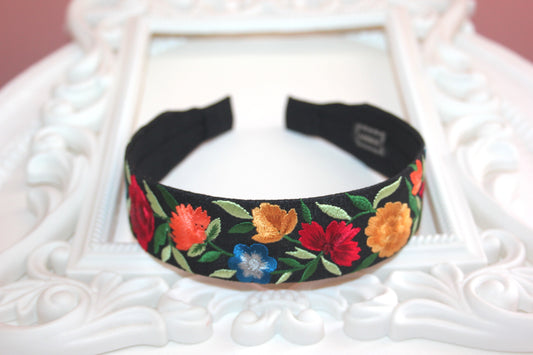 Black headband 1.35''inch Embroidered Colorful silk hairband