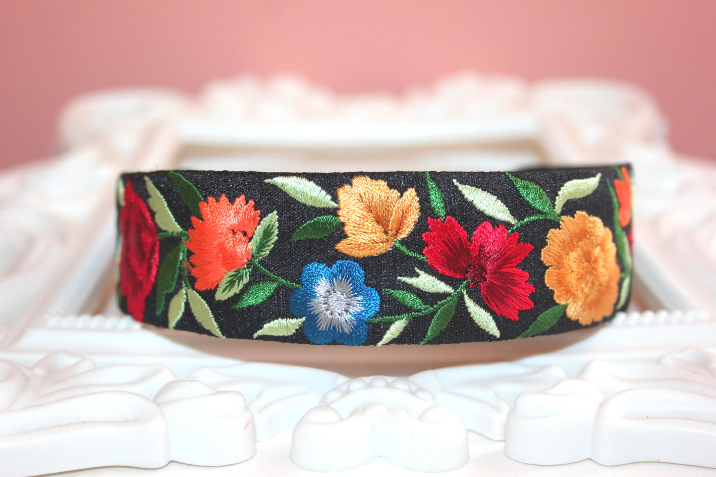Black headband 1.35''inch Embroidered Colorful silk hairband