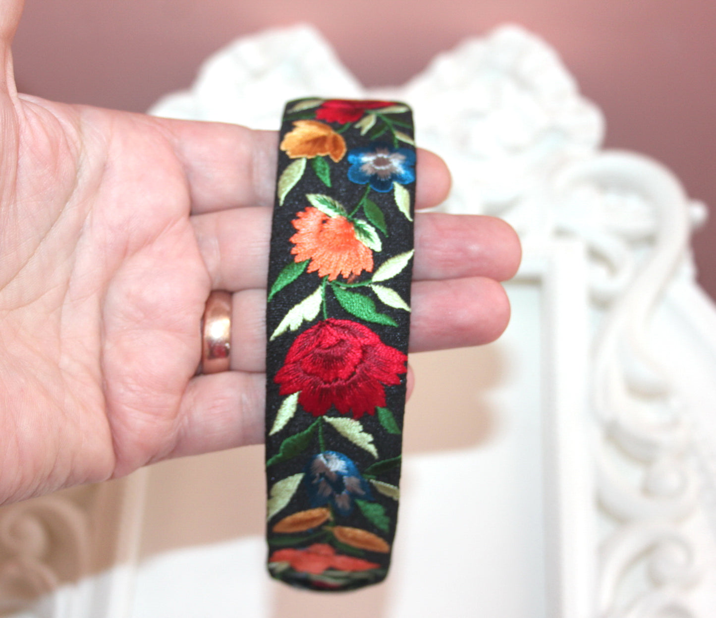 Black headband 1.35''inch Embroidered Colorful silk hairband