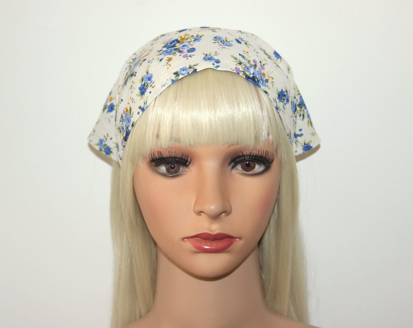 Triangle bandana headband Off White & Blue Rose linen head kerchief Retro summer bandana