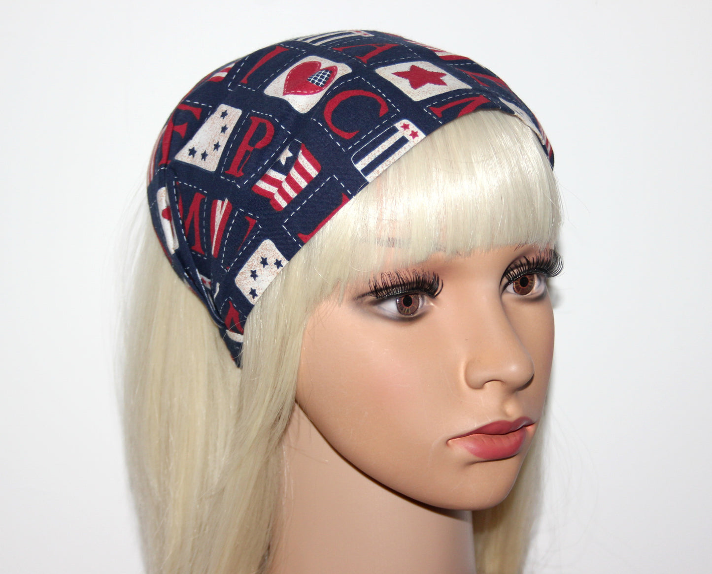 Flag bandana Dark Blue cotton patriotic head band, USA American stars head scarf, Structured headcover
