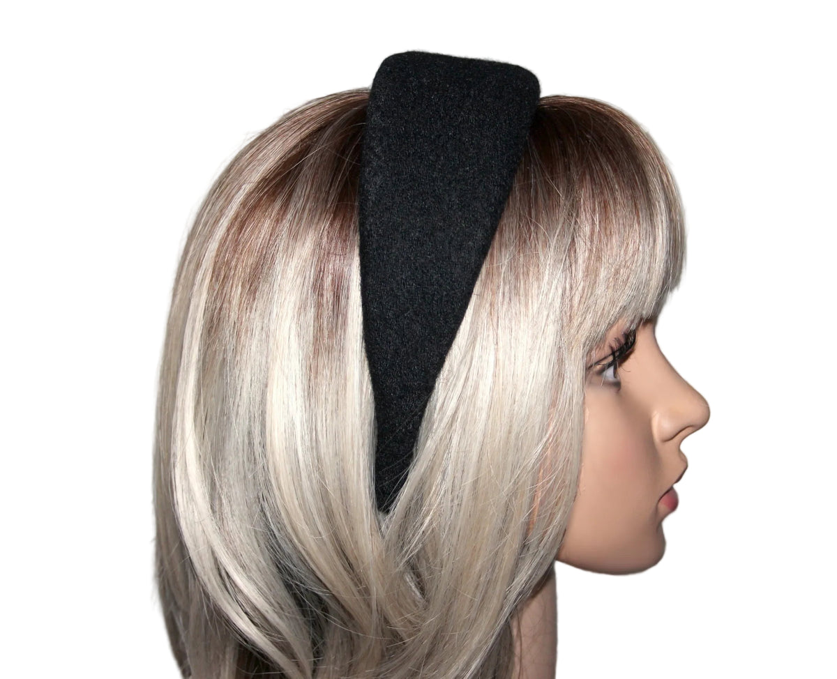 Black Bouclé Wool padded headband, boiled wool puffy hairband... NEW