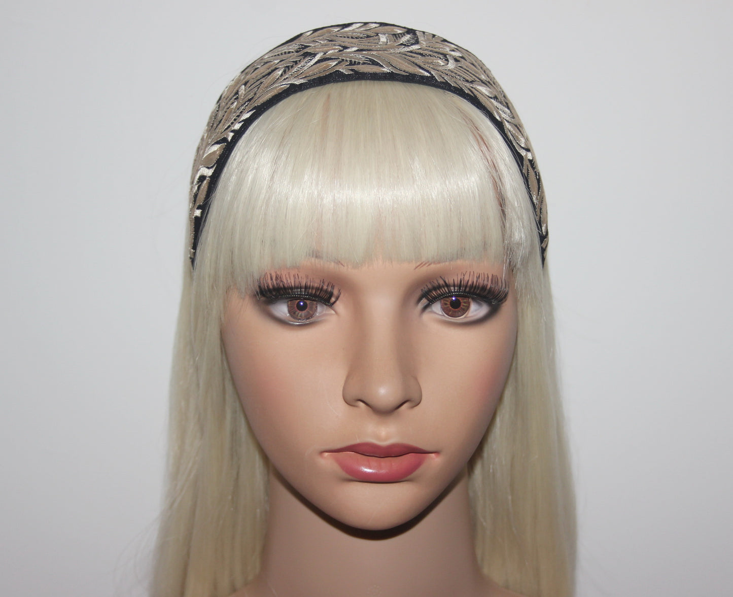 Black & Beige headband 2.75" inch fashion embroidered hairband for women