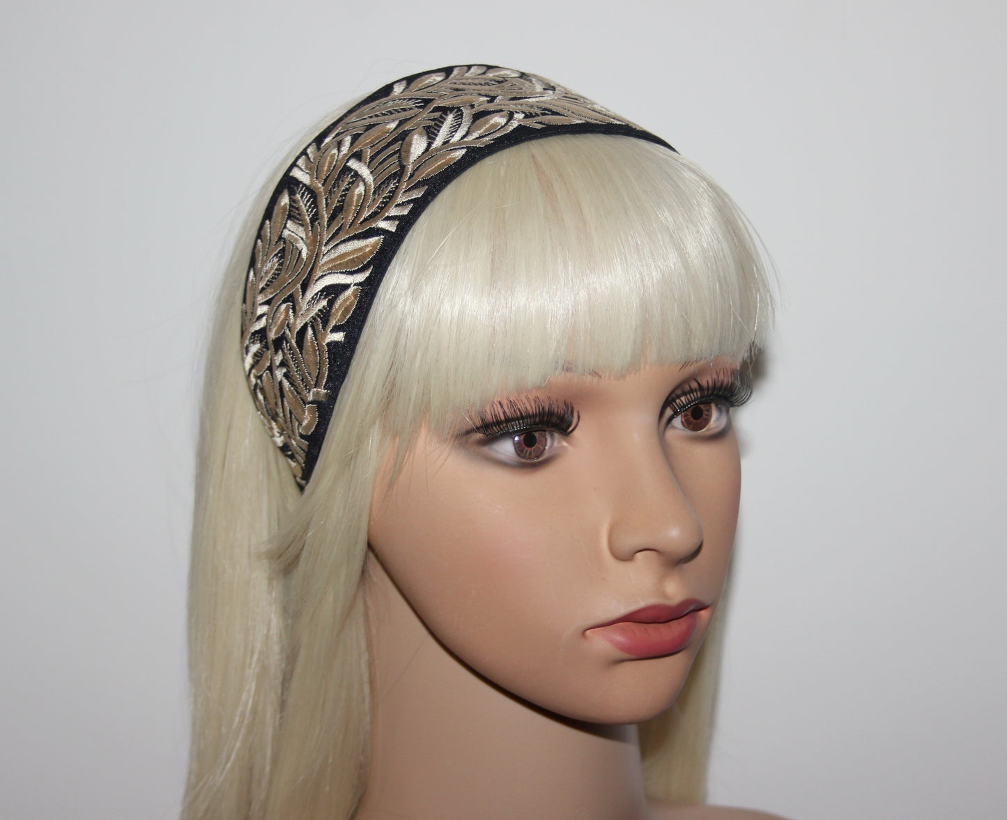 Black & Beige headband 2.75" inch fashion embroidered hairband for women