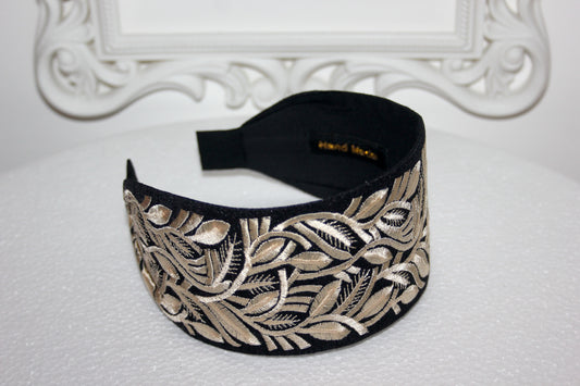 Black & Beige headband 2.75" inch fashion embroidered hairband for women