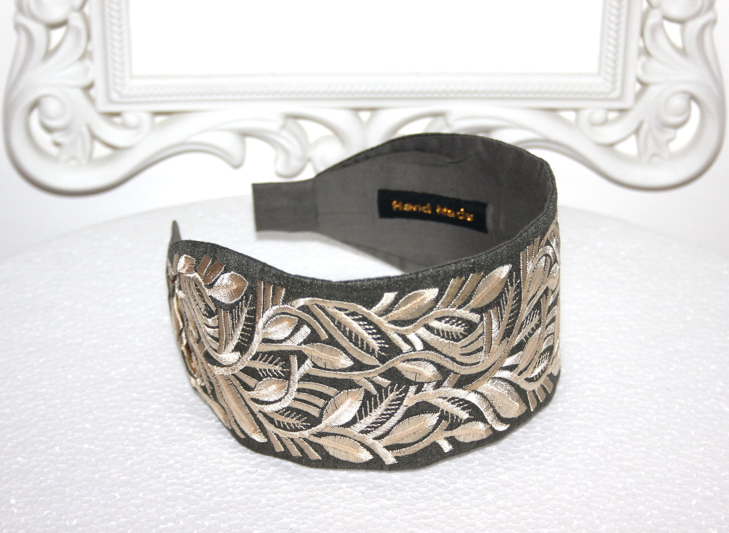 Headband for women 2.75" inch Olive Green & Beige fashion embroidered hairband