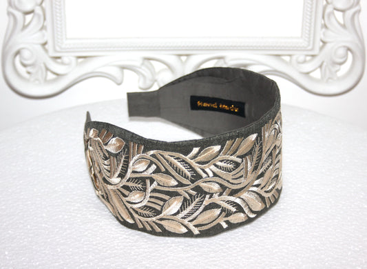 Headband for women 2.75" inch Olive Green & Beige fashion embroidered hairband