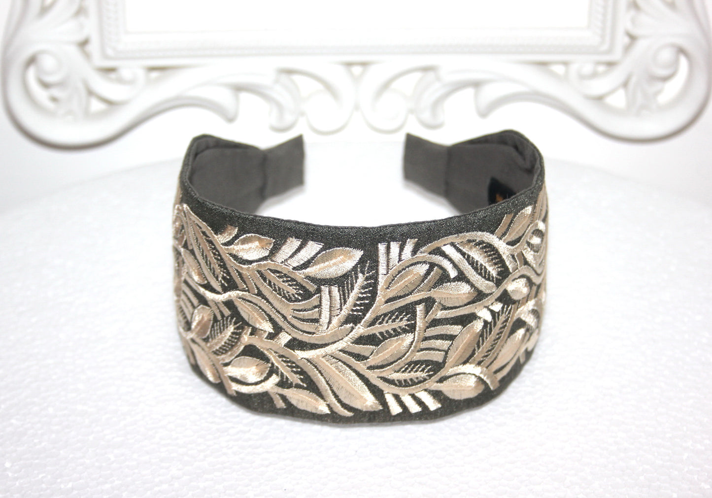 Headband for women 2.75" inch Olive Green & Beige fashion embroidered hairband