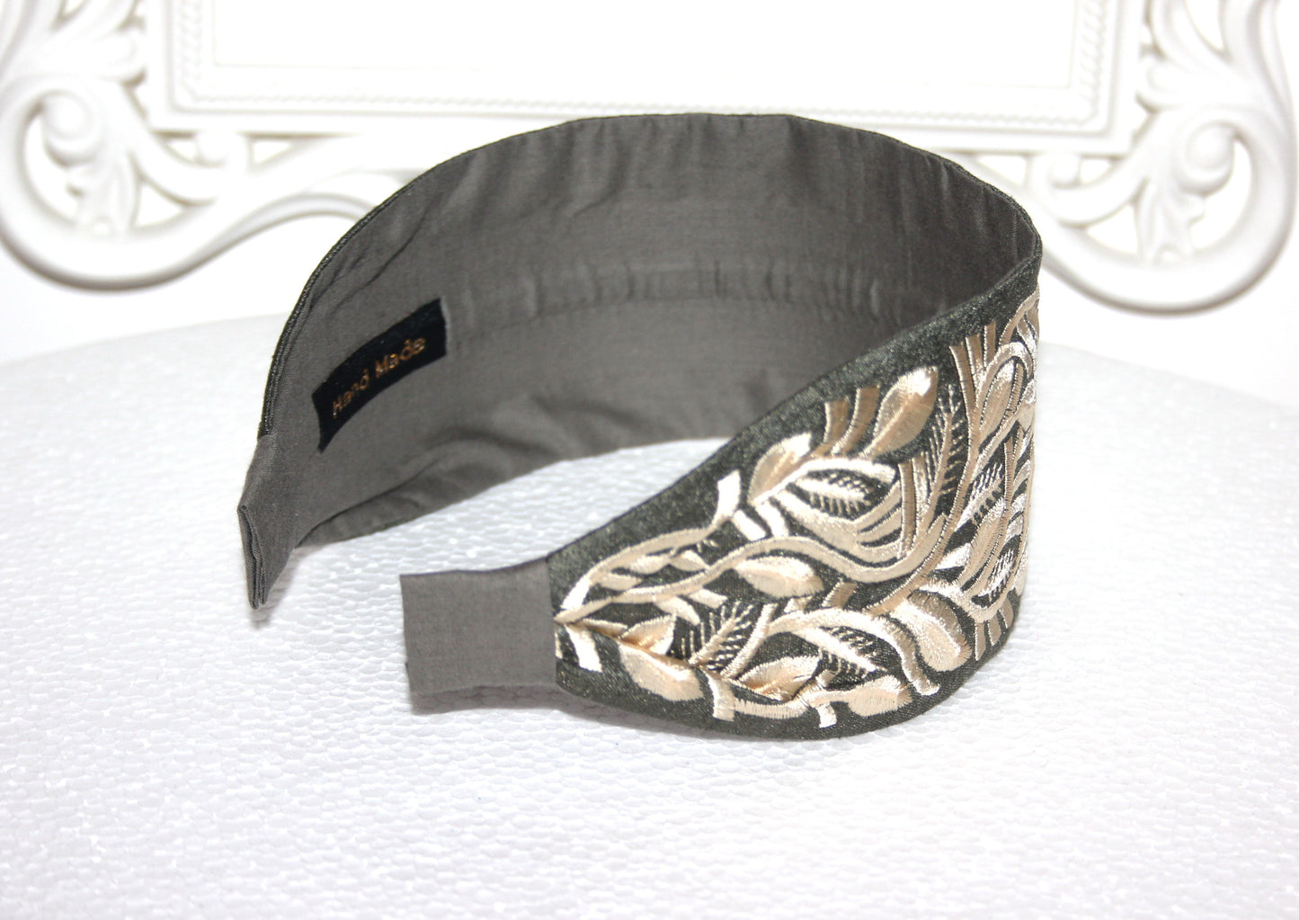 Headband for women 2.75" inch Olive Green & Beige fashion embroidered hairband