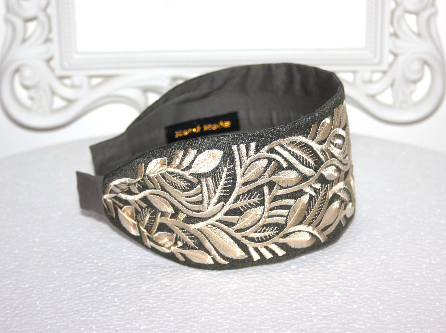 Headband for women 2.75" inch Olive Green & Beige fashion embroidered hairband