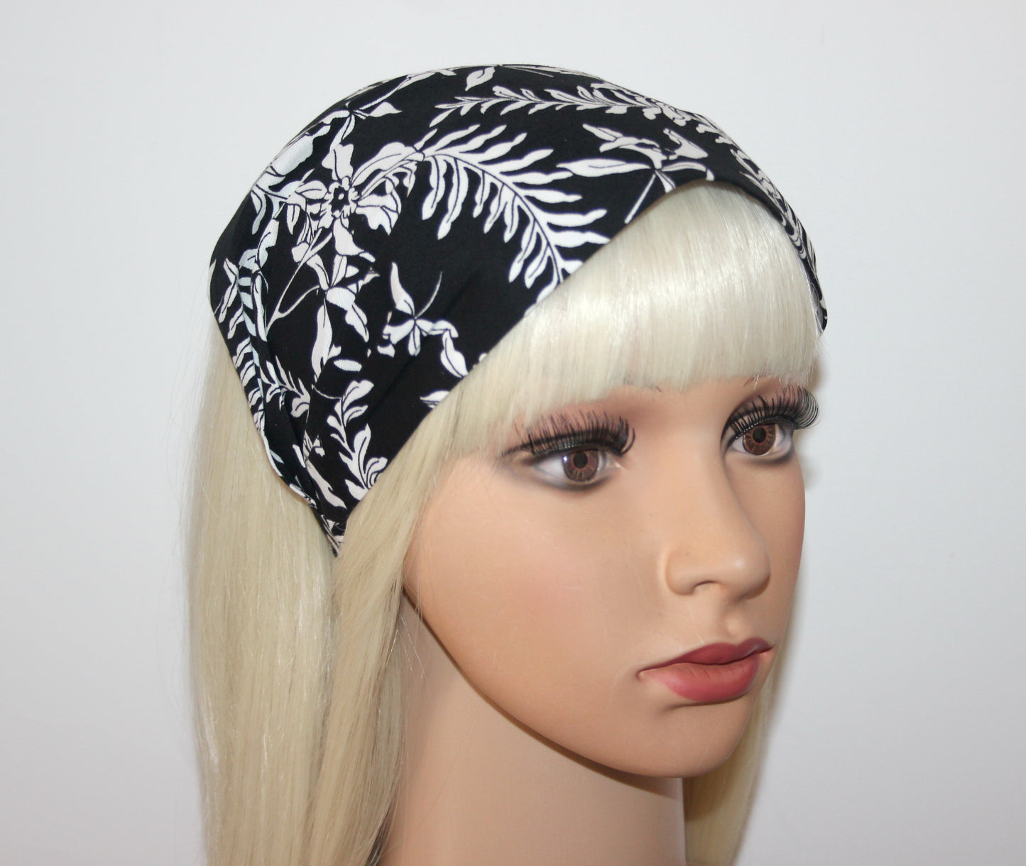 Black & White headband bandana Cotton hippie head scarf, wide head covering, Structured bandana