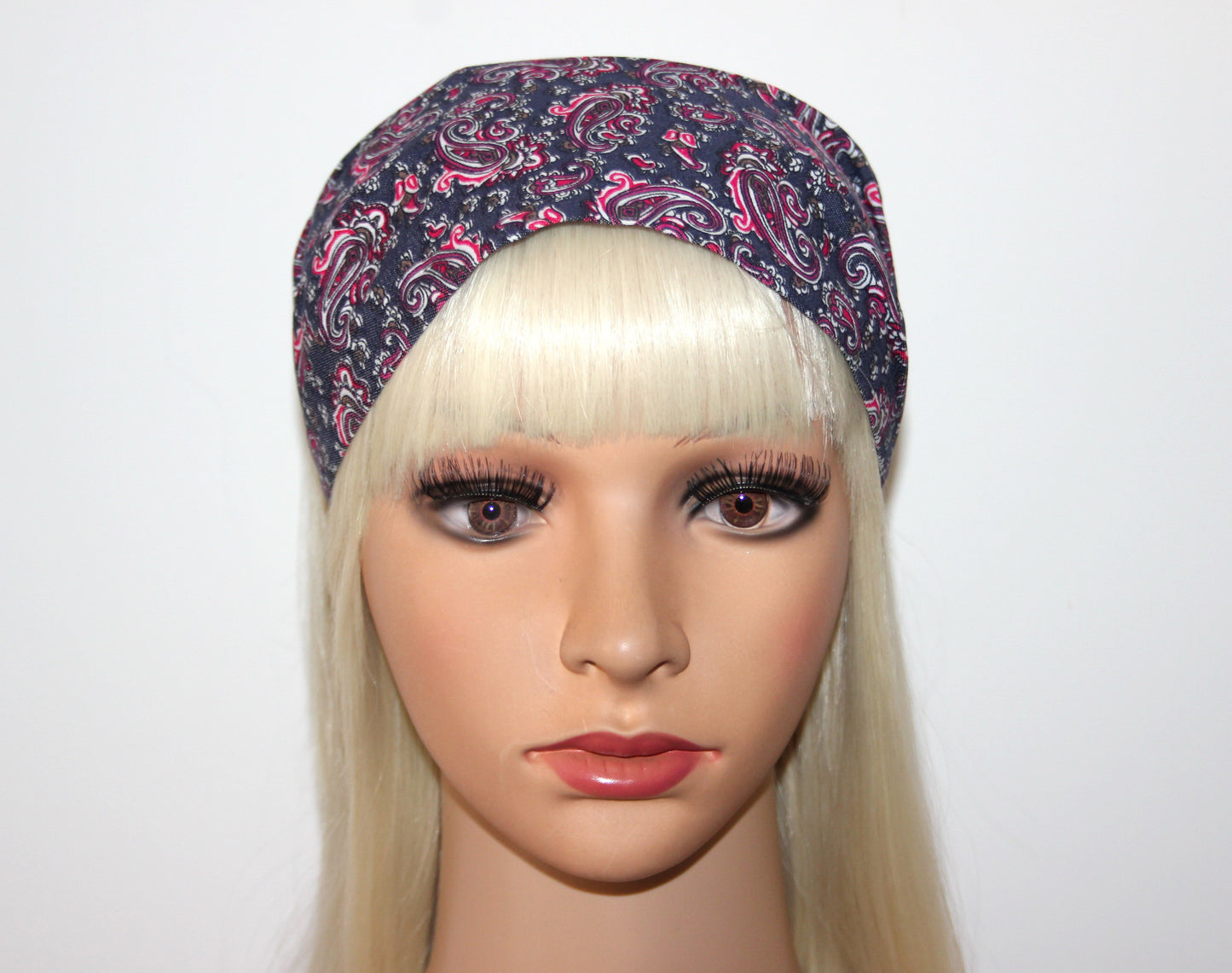 Denim bandana headband Dark Gray Red paisley print hairband scarf