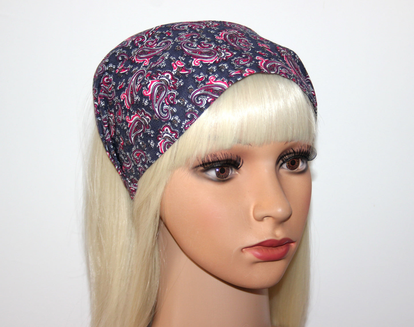 Denim bandana headband Dark Gray Red paisley print hairband scarf