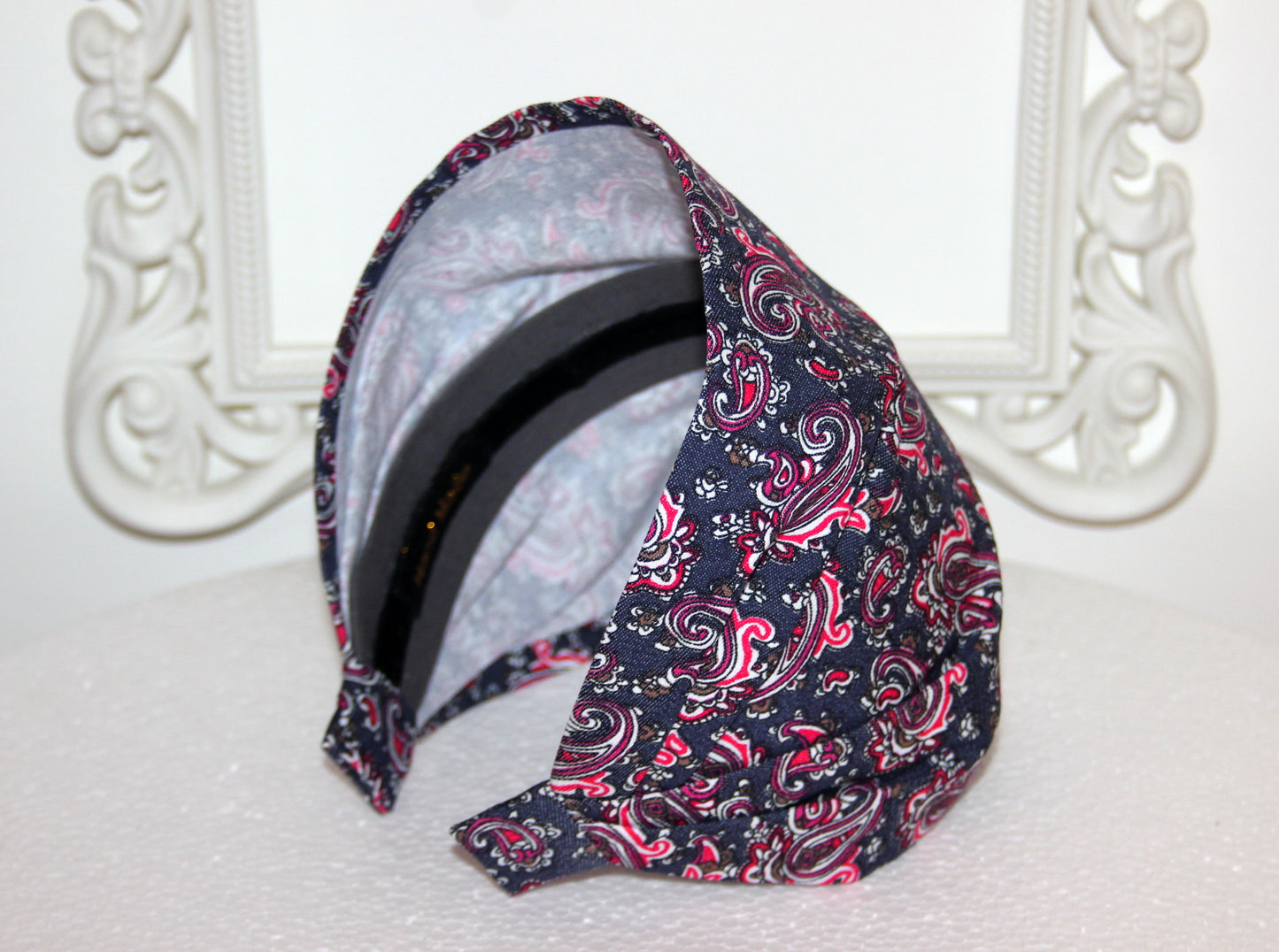 Denim bandana headband Dark Gray Red paisley print hairband scarf