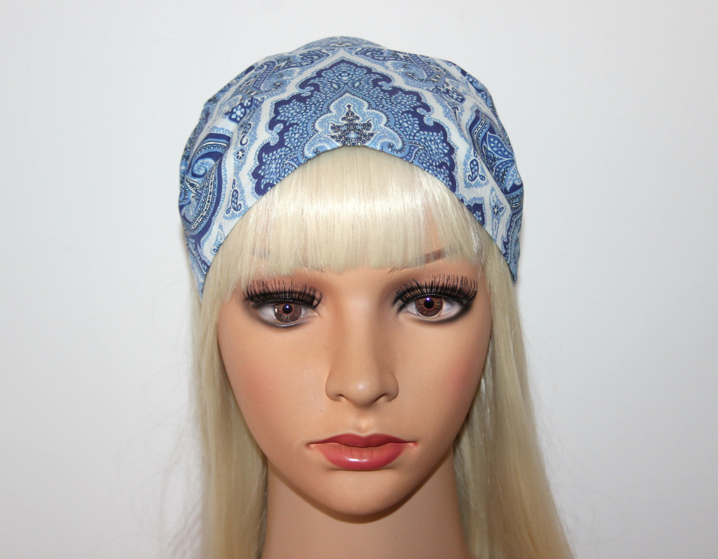 Blue bandana headband Damask print hair scarf, Extra wide head cover