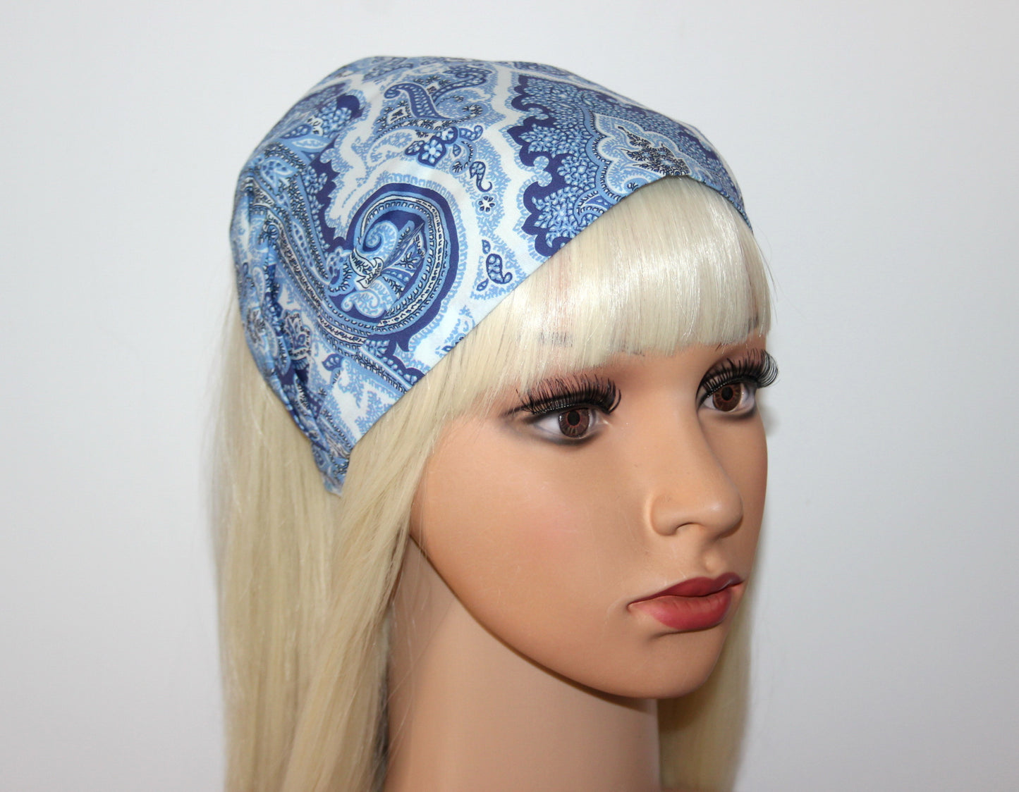 Blue bandana headband Damask print hair scarf, Extra wide head cover