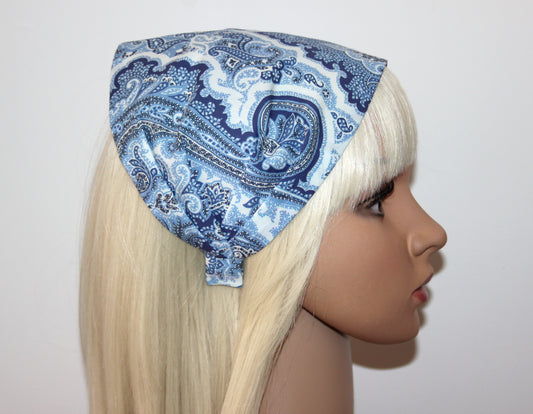 Blue bandana headband Damask print hair scarf, Extra wide head cover