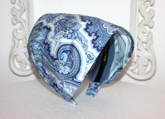 Blue bandana headband Damask print hair scarf, Extra wide head cover