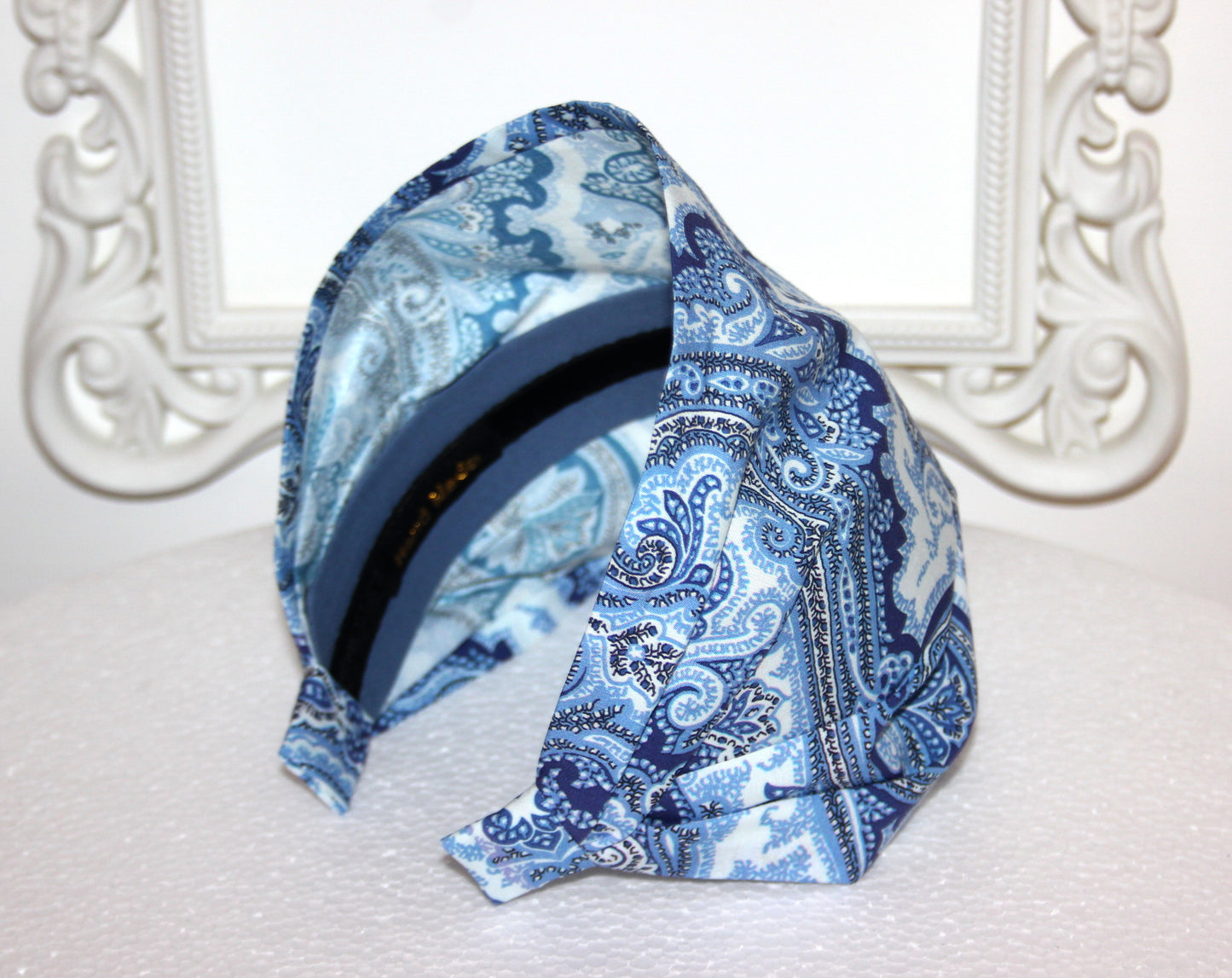 Blue bandana headband Damask print hair scarf, Extra wide head cover