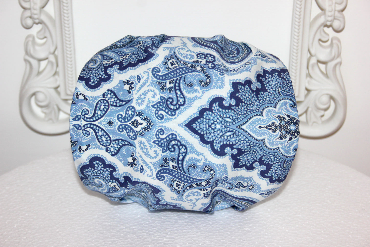 Blue bandana headband Damask print hair scarf, Extra wide head cover