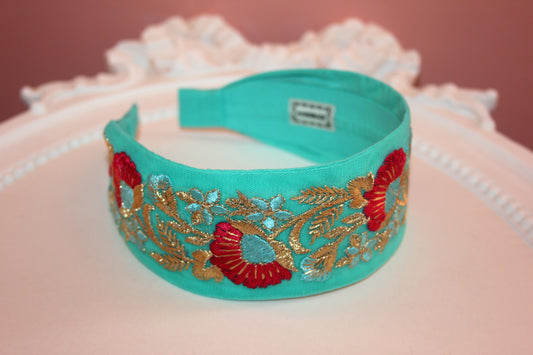 Turquoise embroidered headband adult 2"inch hairband Stunning embroider headpiece