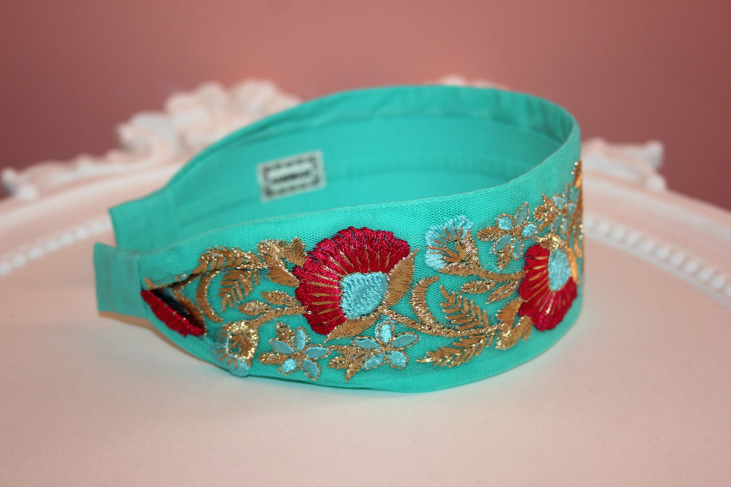 Turquoise embroidered headband adult 2"inch hairband Stunning embroider headpiece
