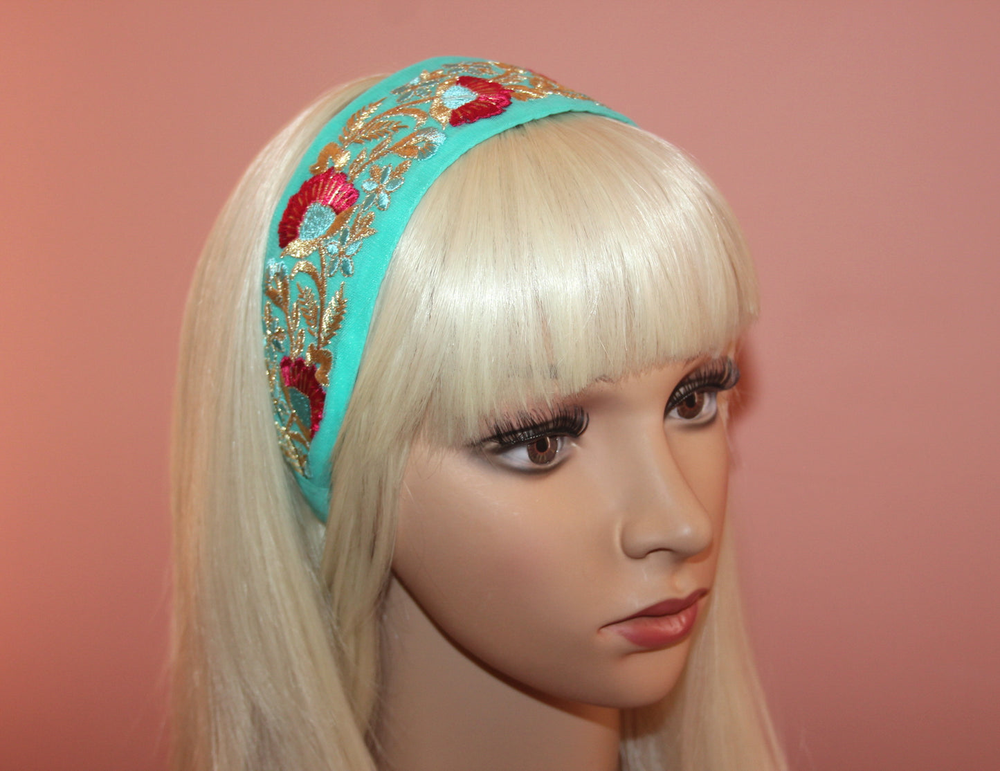 Turquoise embroidered headband adult 2"inch hairband Stunning embroider headpiece