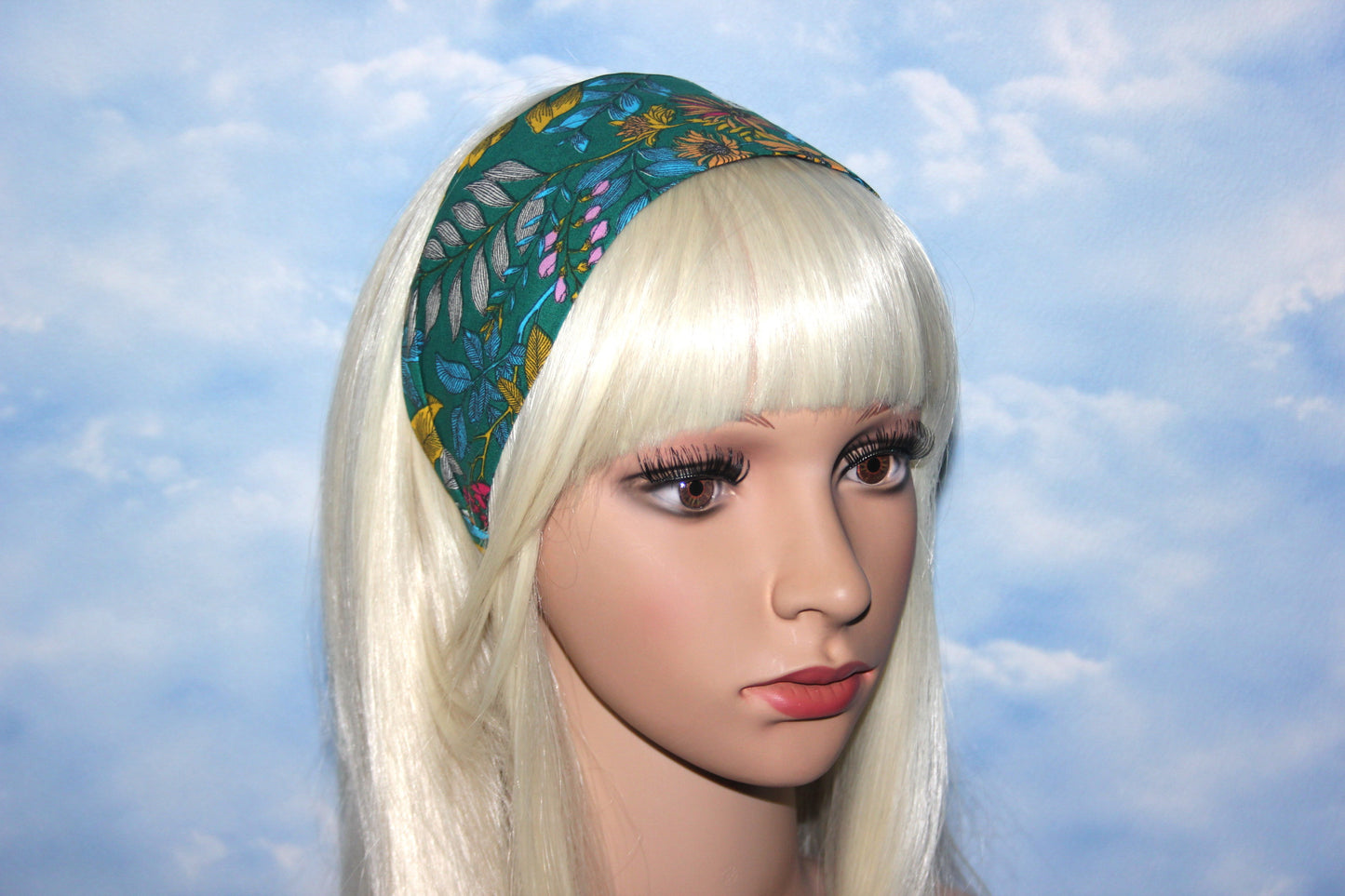Flower print headband woman dark green botanical cotton fabric extra wide hairband for women