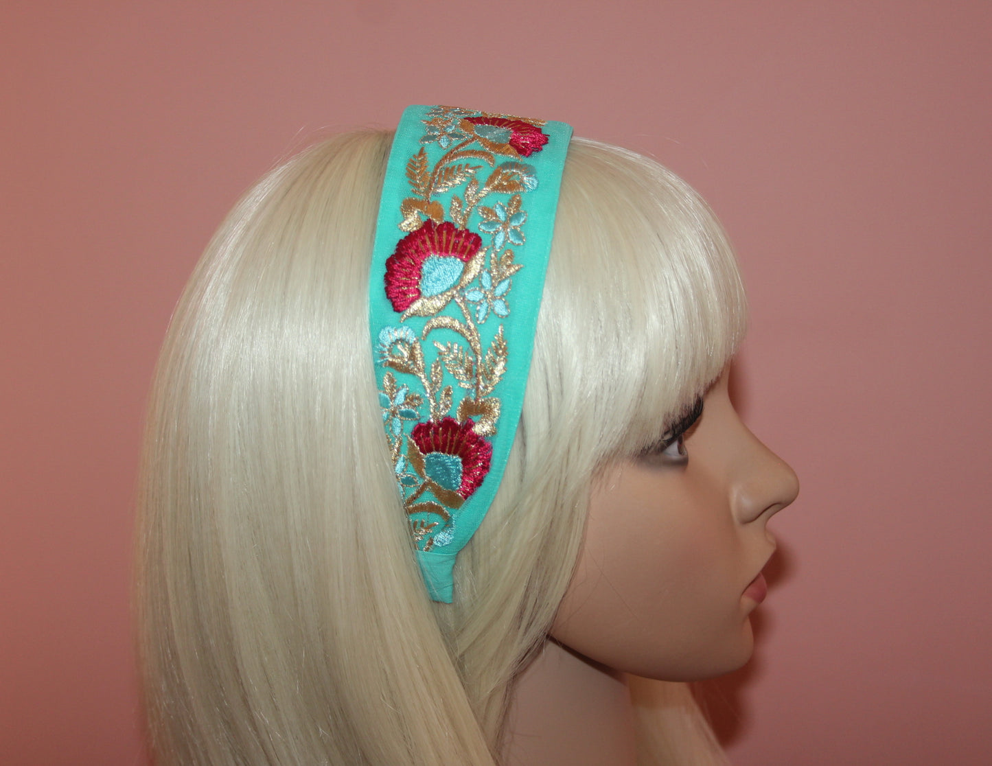 Turquoise embroidered headband adult 2"inch hairband Stunning embroider headpiece