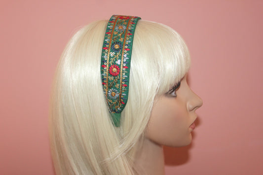 Embroidered headband women 1.6" inch Dark Green silk hairband