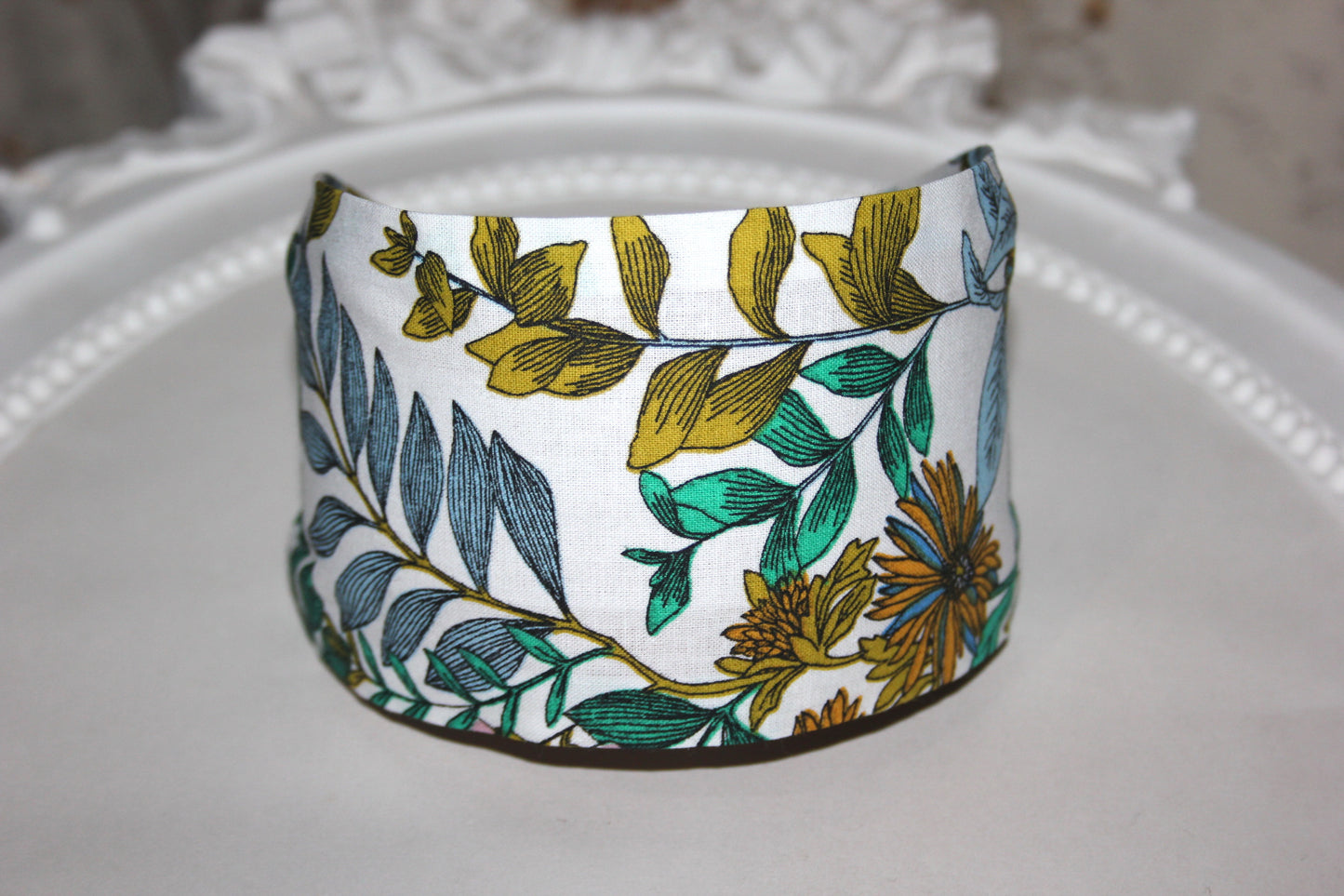 Woman headband White botanical print cotton headcover