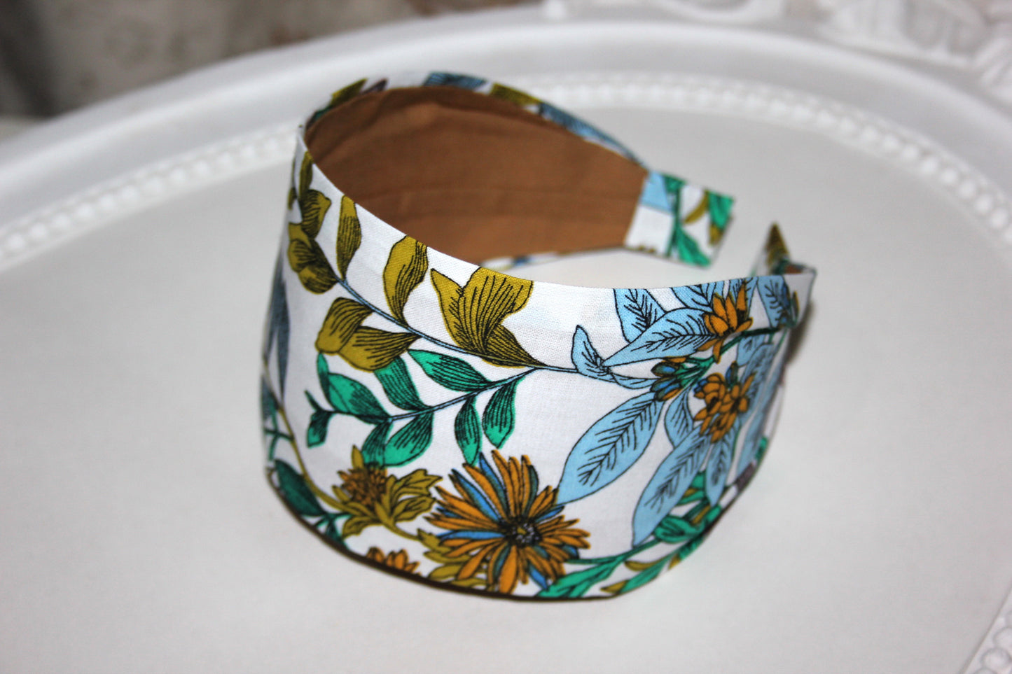 Woman headband White botanical print cotton headcover