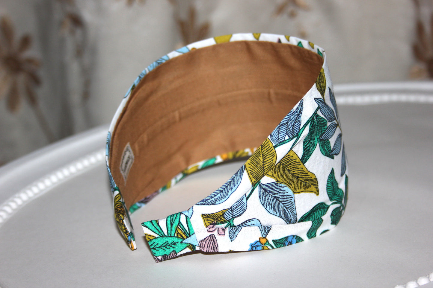 Woman headband White botanical print cotton headcover