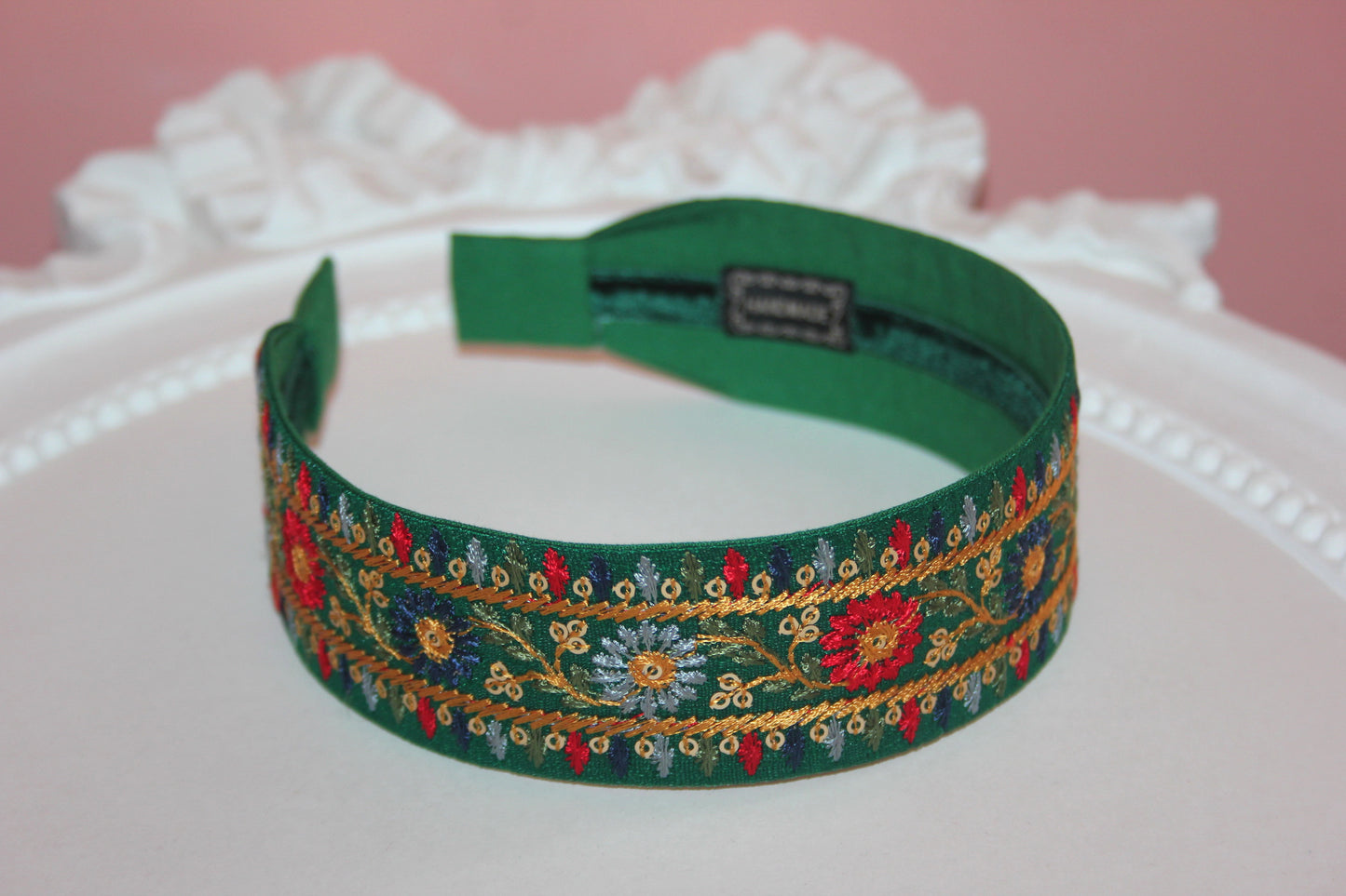 Embroidered headband women 1.6" inch Dark Green silk hairband