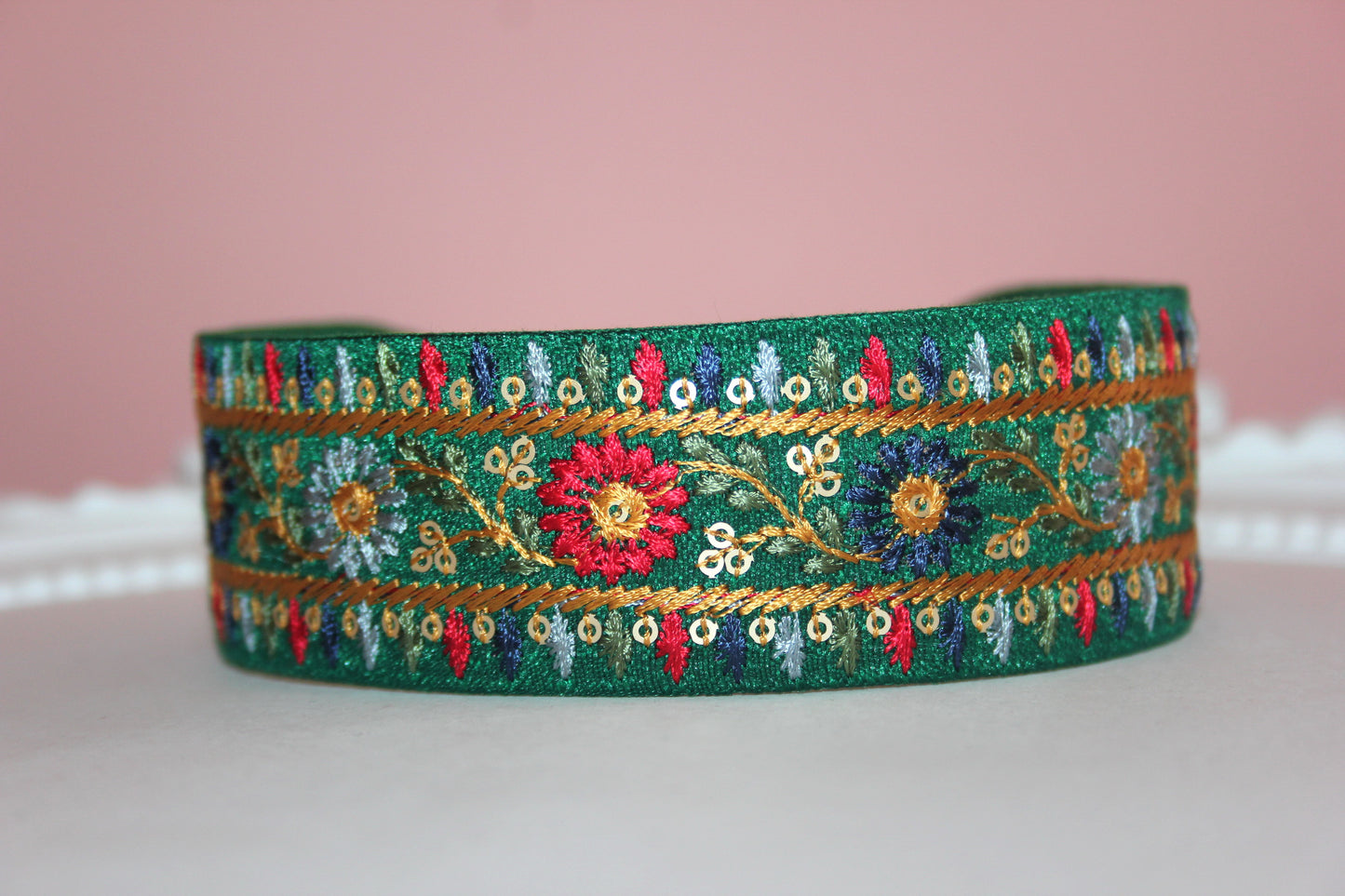 Embroidered headband women 1.6" inch Dark Green silk hairband