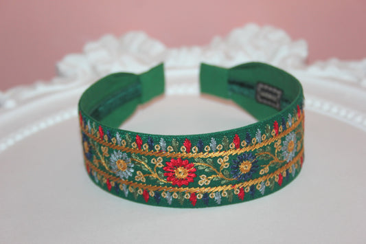 Embroidered headband women 1.6" inch Dark Green silk hairband