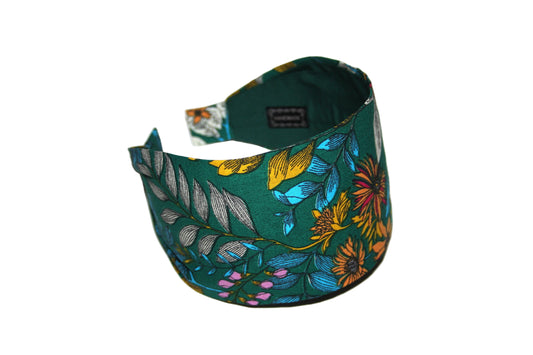 Flower print headband woman dark green botanical cotton fabric extra wide hairband for women