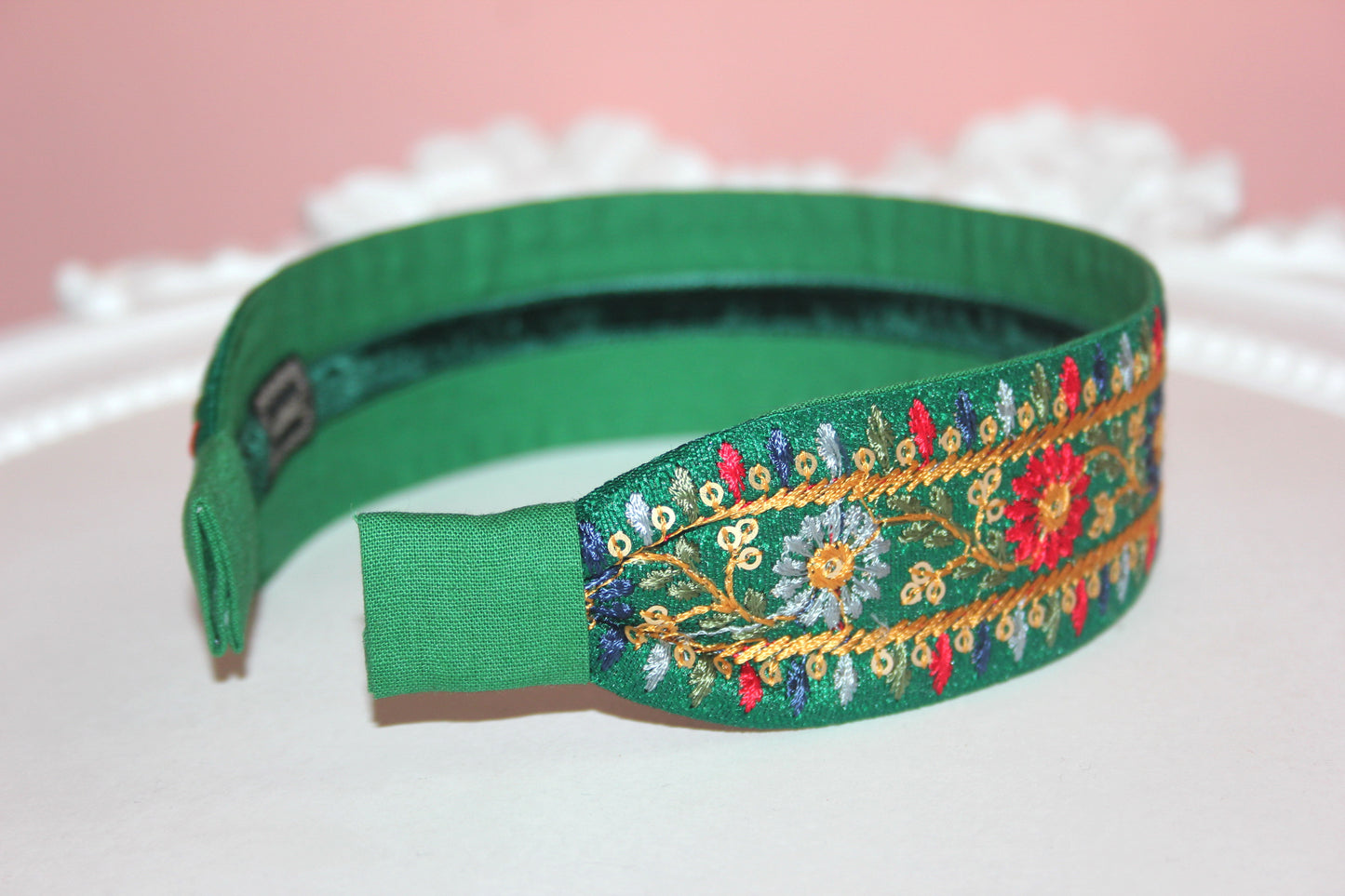 Embroidered headband women 1.6" inch Dark Green silk hairband