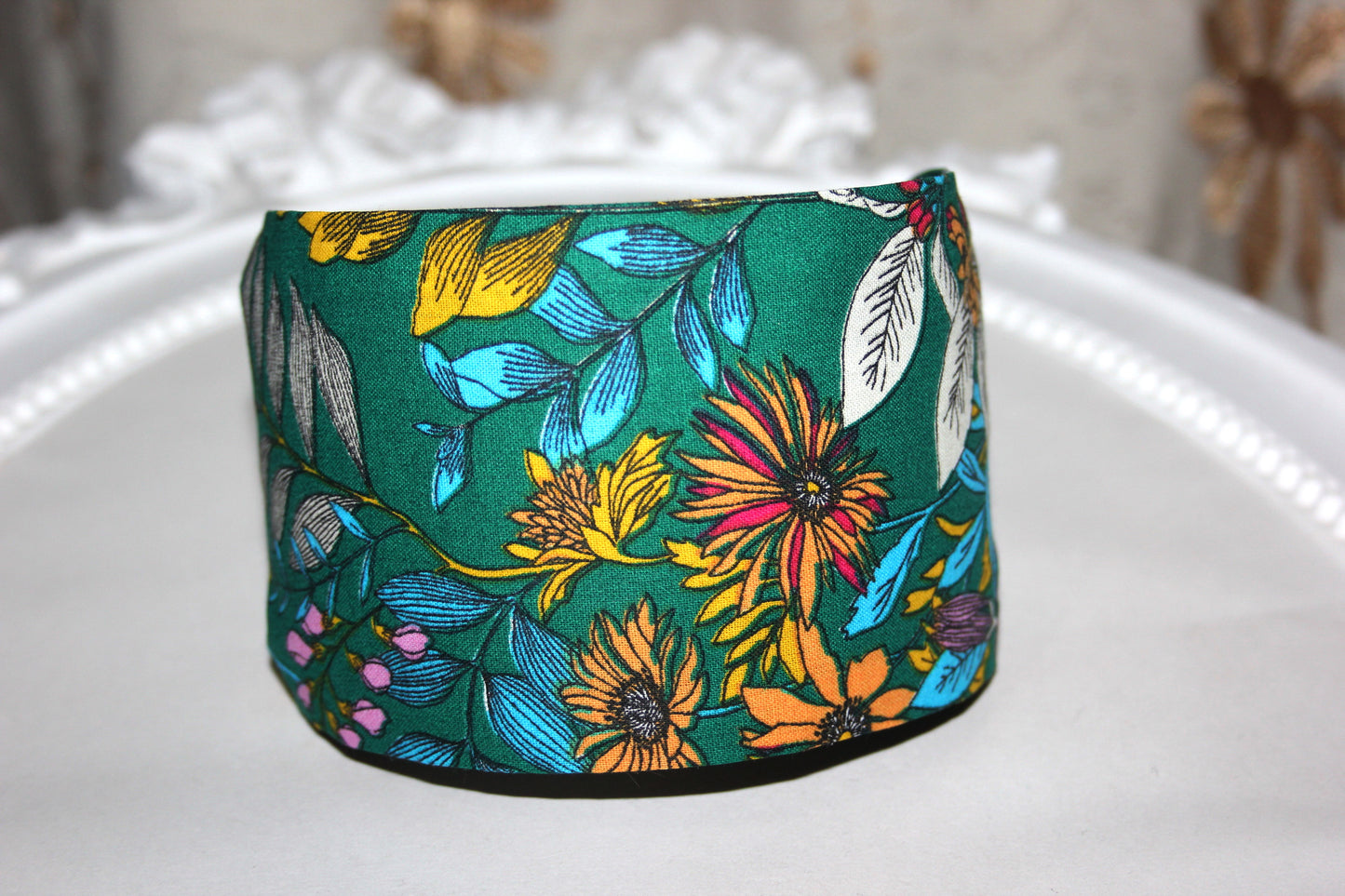 Flower print headband woman dark green botanical cotton fabric extra wide hairband for women