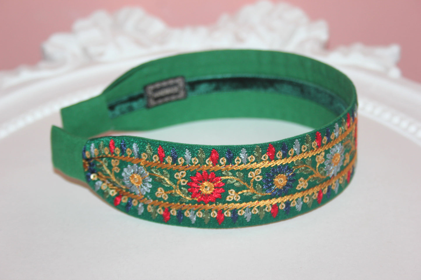 Embroidered headband women 1.6" inch Dark Green silk hairband