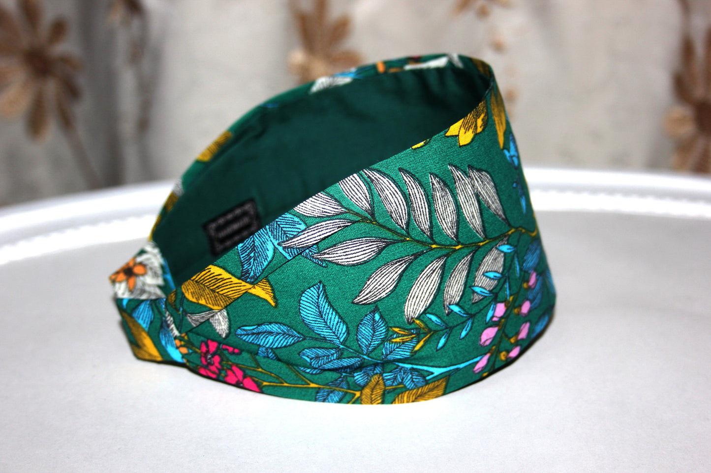 Flower print headband woman dark green botanical cotton fabric extra wide hairband for women