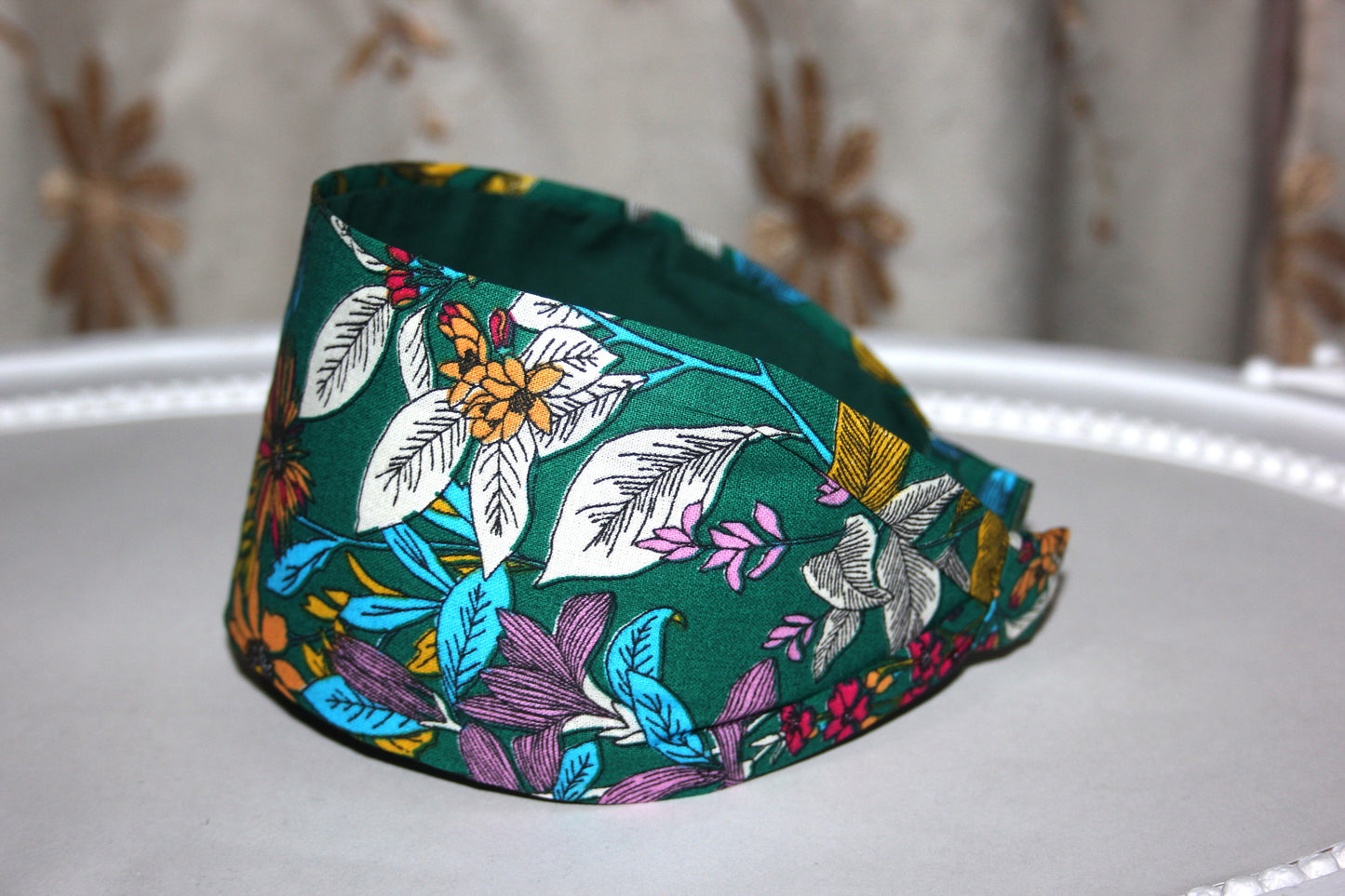 Flower print headband woman dark green botanical cotton fabric extra wide hairband for women