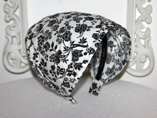 Batiste Bandana Headband White & Black flower print hairband scarf, Extra wide structured no slip headband for women