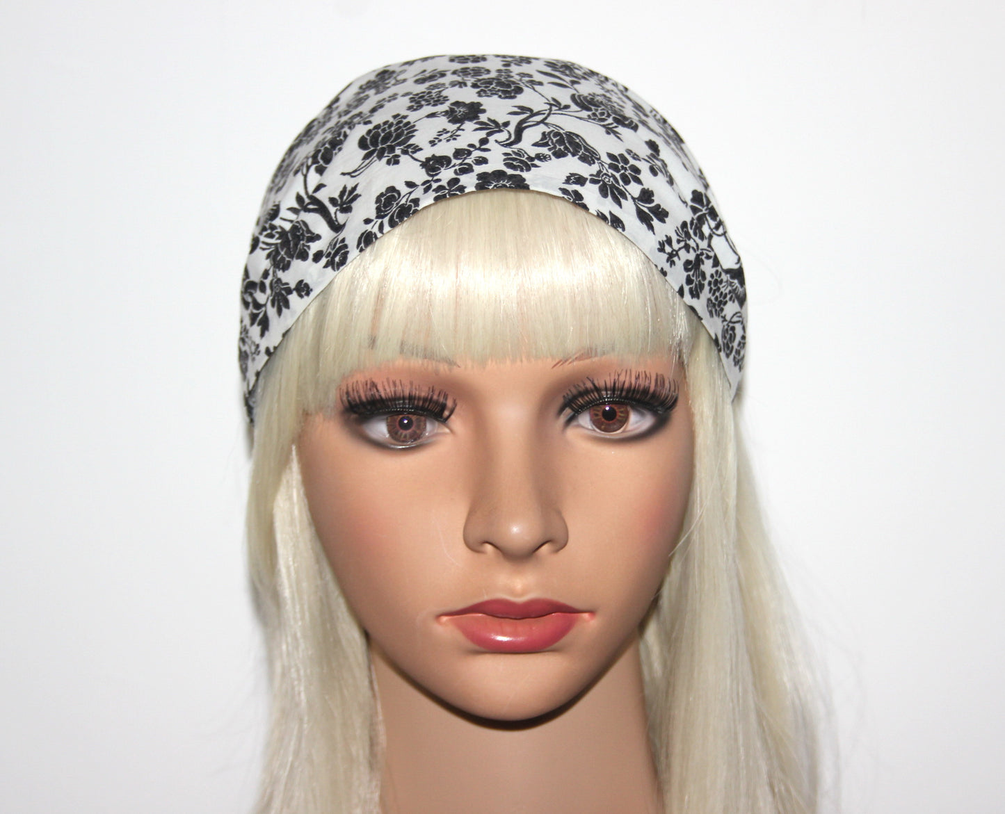 Batiste Bandana Headband White & Black flower print hairband scarf, Extra wide structured no slip headband for women