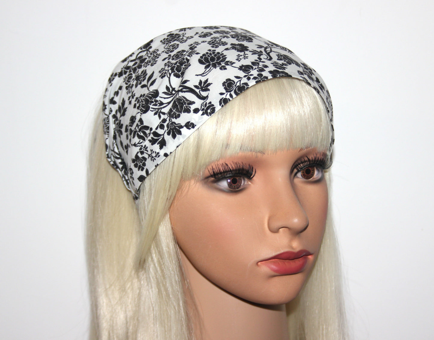 Batiste Bandana Headband White & Black flower print hairband scarf, Extra wide structured no slip headband for women
