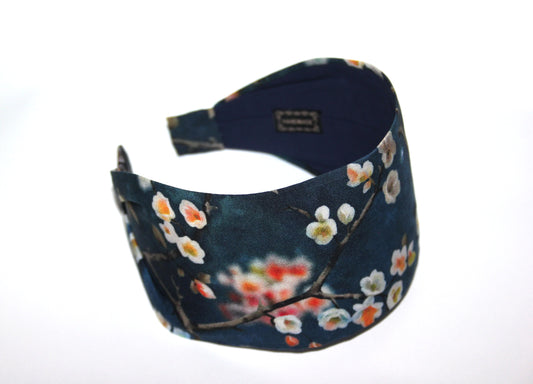 Navy blue wide headband for women Blossom hairband bandana Spring awakening viscose print head scarf