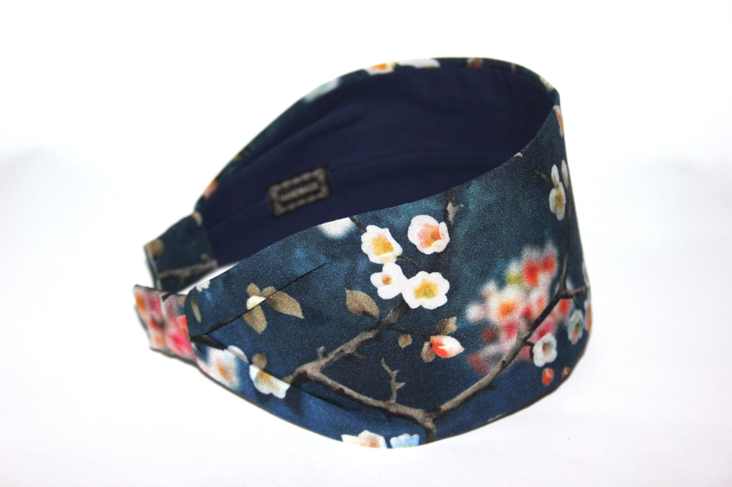 Navy blue wide headband for women Blossom hairband bandana Spring awakening viscose print head scarf